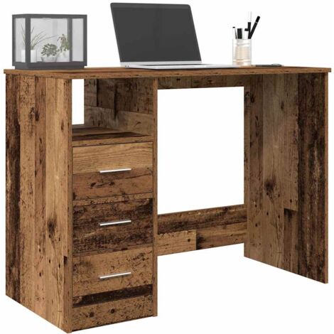 Vidaxl – Bureau droit en bois d'ingénierie vieux bois 102x76x50 cm – Surface résistante à l'humidité – 3 tiroirs de rangement – Pour espaces restreints
