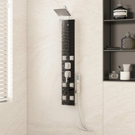 Vidaxl – Colonne de douche en acier inoxydable noir – Panneau de douche en verre 18x45,5x130 cm – Pommeau à effet pluie 15x15 cm – Flexible 1,5 m (1/6)