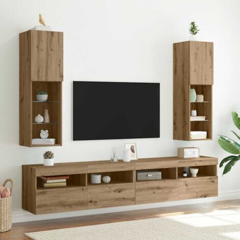 Vidaxl – Meuble TV avec lumières LED 2 pièces – Chêne artisanal – Dimensions 30,5x30x102cm – Bois d'ingénierie durable et verre