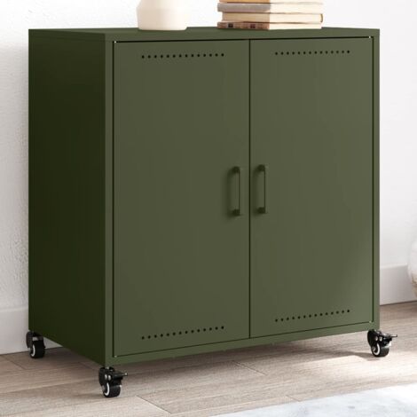 Vidaxl – Buffet vert olive 68x39x72 cm en acier laminé à froid – 2 portes – Avec roues pour déplacement facile – Style moderne