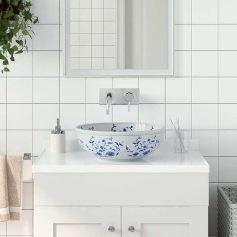 Vidaxl – Vasque à poser céramique blanche et bleue ronde Φ41x14 cm – Surface résistante aux chocs et rayures – Installation au-dessus du comptoir (1/5)
