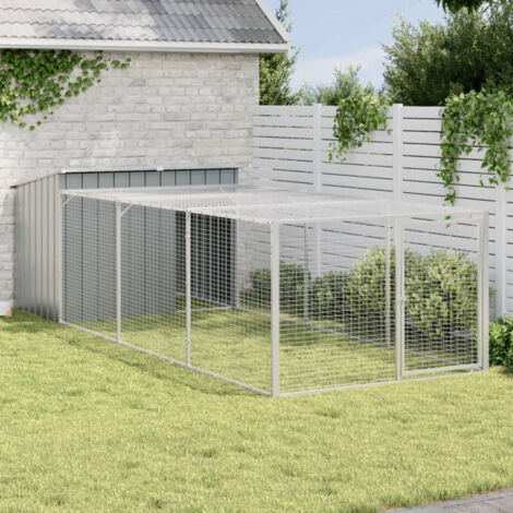 Vidaxl – Niche pour chien avec enclos en acier galvanisé – Dimensions 153 x 396 x 110 cm – Toit anti-intempéries – Sécurise votre animal