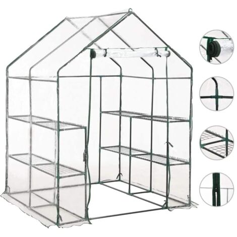 Vidaxl – Serre en verre 8 étagères 143x143x195 cm – Cadre en acier résistant à la rouille – Couvercle en PVC transparent – Porte enroulable à fermeture éclair