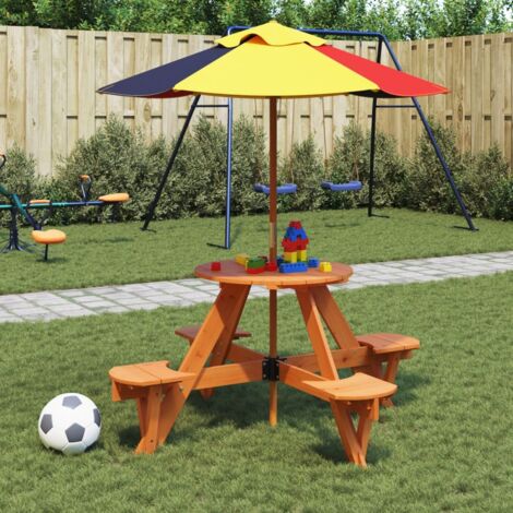 vidaXL Picnic Table for 4 Kids with Umbrella Round Solid Wood Fir (1/5)