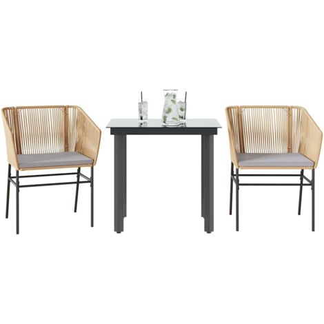 vidaXL 3 Piece Garden Dining Set with Cushions Brown Poly Rattan Glass