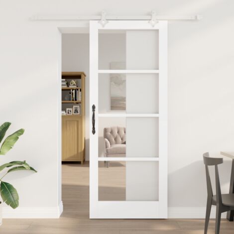 Porte Coulissante avec Matériel Blanc 83x211 cm Bois Massif Pin, Porte Intérieure avec Verre ORKDAL Blanc 83x211x4 cm