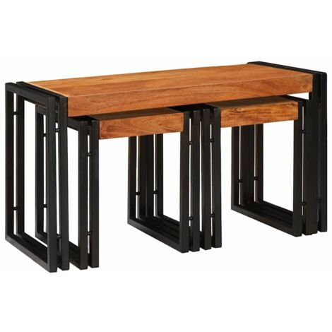 vidaXL Nesting Table 3 pcs Brown and Black Solid Acacia Wood and Metal