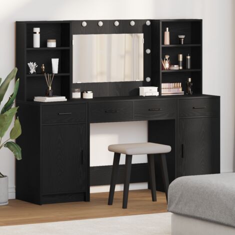 Vidaxl – Coiffeuse enfant avec miroir acrylique et lumière LED – 135 cm – Bois d'ingénierie noir – Rangement avec tiroirs et étagères