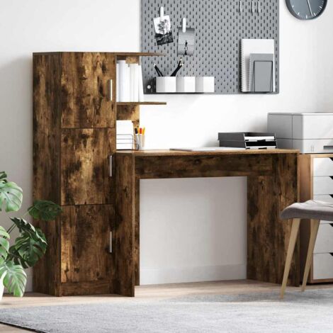 Vidaxl – Bureau droit avec rangement – Chêne fumé – Bois d'ingénierie – 102 x 50 x 124 cm – 6 étagères et 2 portes – Design moderne épuré