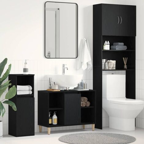 Vidaxl – Meuble sous vasque simple 80x33x60 cm – Bois d'ingénierie noir – 5 compartiments de rangement – Pieds en bois d'eucalyptus massif