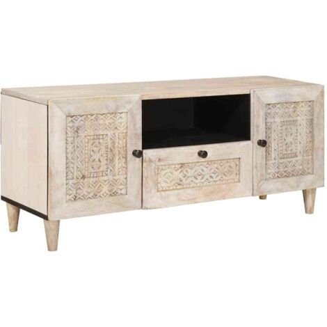 Vidaxl – Meuble TV blanc 105 x 33 x 46 cm en bois de manguier massif – Finition texturée – Avec 2 portes et 1 tiroir – Rangement élégant pour salon (1/5)
