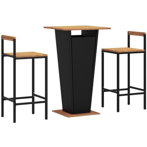 vidaXL 3 Piece Garden Bar Set Black Poly Rattan&Solid Wood Acacia