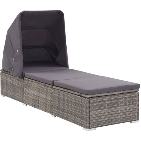 vidaXL Sun Lounger with Canopy and Cushion Poly Rattan Grey