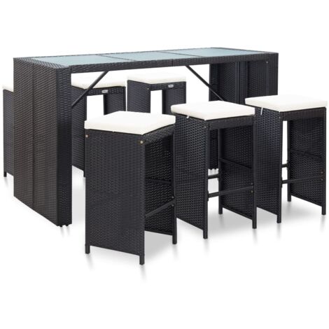 Minkurow – Ensemble de bar de jardin 7 pcs – Résine tressée noire – Table 185x80cm avec verre trempé – Coussins amovibles et lavables