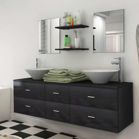 Vidaxl – Ensemble de meubles de salle de bain 7 pcs – Meuble sous-lavabo noir en aggloméré 150x45x45 cm – Lavabos en céramique résistants