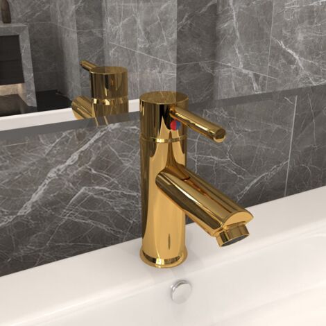 Vidaxl – Mitigeur de lavabo en laiton massif – Finition dorée – Hauteur 130 mm – Flexible en acier inoxydable – Poignée métal – Compatible systèmes eau chaude/froide (1/6)