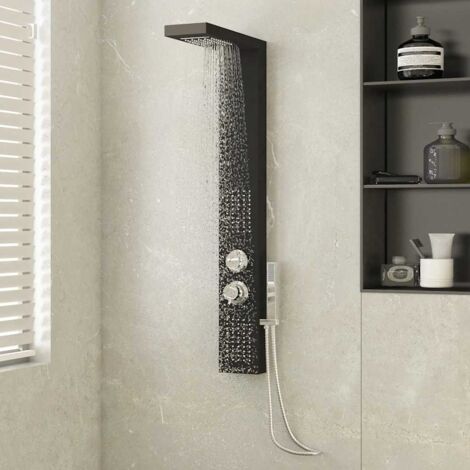 Vidaxl – Colonne de douche hydromassante en aluminium noir – 4 fonctions : pluie, cascade, jets de massage – Longueur flexible 150 cm – Dimensions 15 x 47 x 114 cm