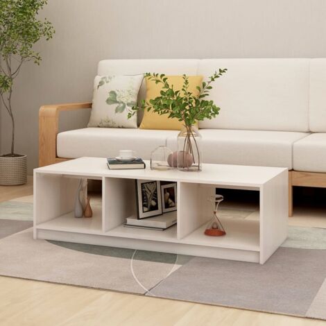 Vidaxl – Table basse fixe blanche 110x50x34 cm – Bois de pin massif durable – Étagère de rangement intégrée – Design moderne et épuré (1/5)