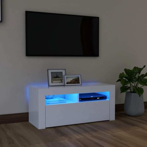 Jinlefu – Meuble TV blanc 90x35x40 cm – Éclairage LED RVB ajustable – Construction en bois d'ingénierie – Compatible avec appareils multimédias