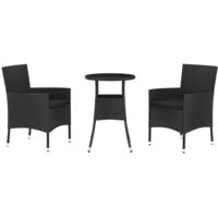 vidaXL 3 Piece Garden Bistro Set with Cushions Black Poly Rattan