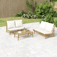 Vidaxl – Banc de jardin en bambou 2 places – Coussin crème – Confort optimal – Résistant aux intempéries – 110 kg max par siège