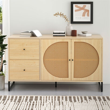 Sideboard mit 2 Design-Rattantüren und 2 Schubladen – Vielseitiger Schrank mit Metallgriffen für Küche, Schlafzimmer, Wohnzimmer und Büro – 130 x 40