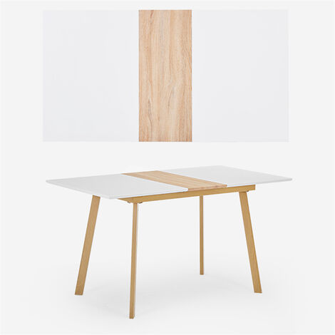 Ausziehbarer Esstisch 110/140 x 75 x 77 cm, mattweiße Platte mit  Massivholzeinsätzen, Stahlrahmen und Vierkantrohrbeine,