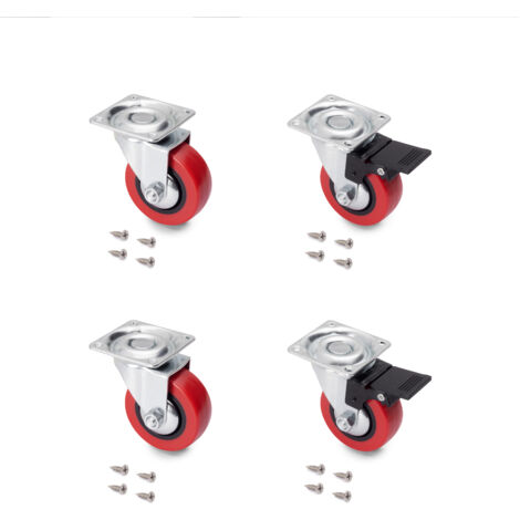 Emuca – Lot de 4 roulettes Slip 2 Red 50mm – Acier zingué – Charge 50kg – Plaque de montage incluse – Pour meubles et chaises