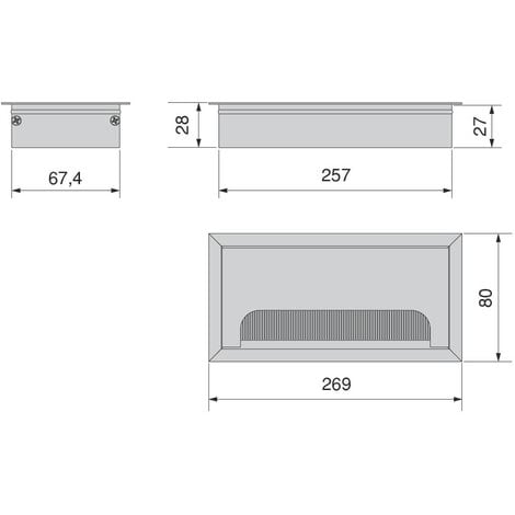Emuca Passe-cables pour table Quadrum, rectangulaire, 269x80mm, à encastrer, Aluminium, Anodisé mat