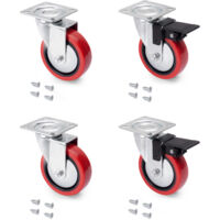 Emuca – Lot de 4 roulettes Slip 2 Red 75mm – 2 avec frein, 2 sans frein – Acier zingué, caoutchouc rouge – Charge 70kg par roue