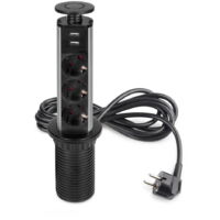 Emuca – Multiprise relevable 3 prises Schuko – Puissance 3500W – Installation facile Ø60mm – Avec 2 USB pour chargement rapide