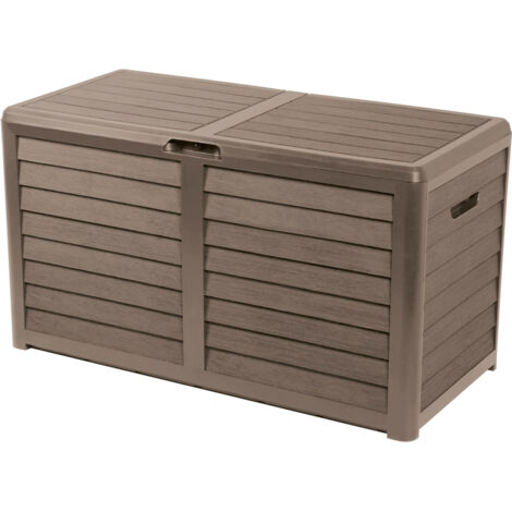EDA – Coffre de jardin 420 L en polypropylène taupe – Résistant aux UV – 100% étanche – Système anti-étouffement – Design imitation bois