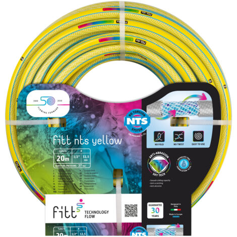 FITT NTS YELLOW 1/2" (12,5 mm) 20m – Tubo Giardino Flessibile e Robusto Made in Italy Struttura Innovativa Rinforzata NTS Senza Torsioni Resistenza UV Abrasione Temperature estreme