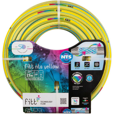 FITT NTS YELLOW 5/8" (15 mm) 25m – Tubo Giardino Flessibile e Robusto Made in Italy Struttura Innovativa Rinforzata NTS Senza Torsioni Resistenza UV Abrasione Temperature estreme