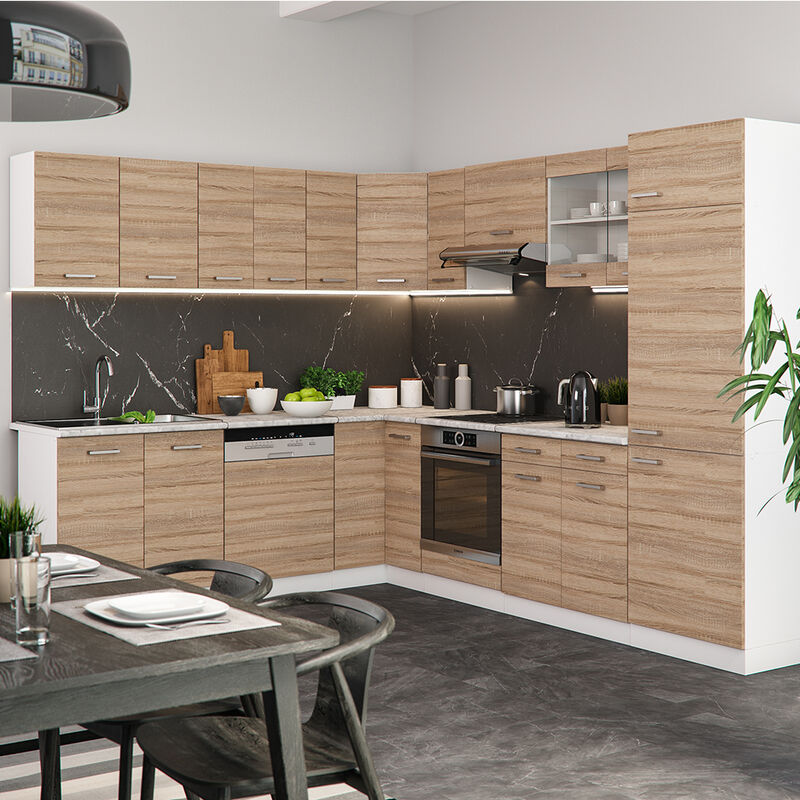 LEANA, Cucina completa angolare L 360 cm 9 pz, Piano di lavoro INCLUSO