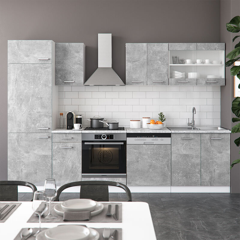 Cucina „R-Line“ 300cm Calcestruzzo/Bianco con piano di lavaro Vicco