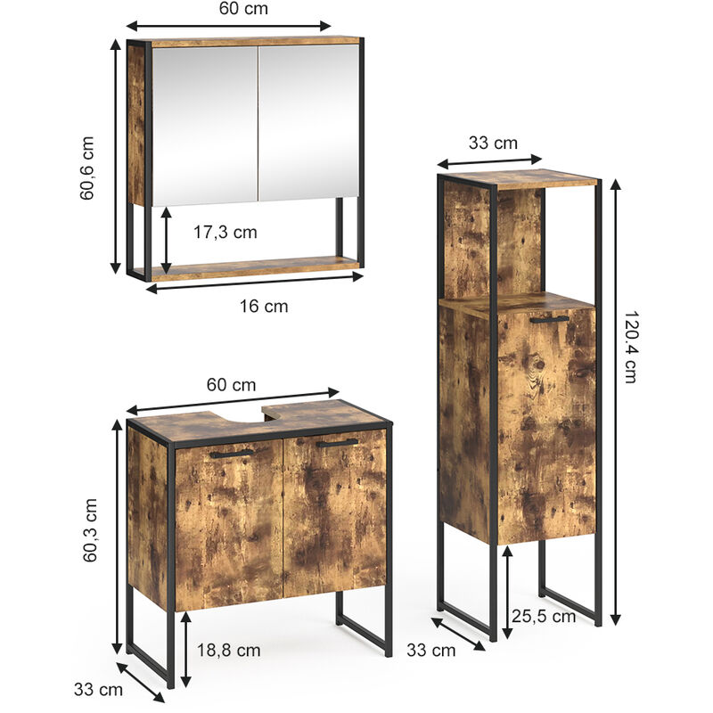 Set mobili per bagno „Fyrk“ Legno antico/Nero 3 pezzi Vicco