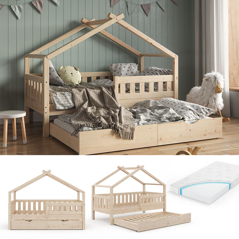 Letto per bambini „Design“ 160x80cm natura con materasso e letto per gli  ospiti VitaliSpa