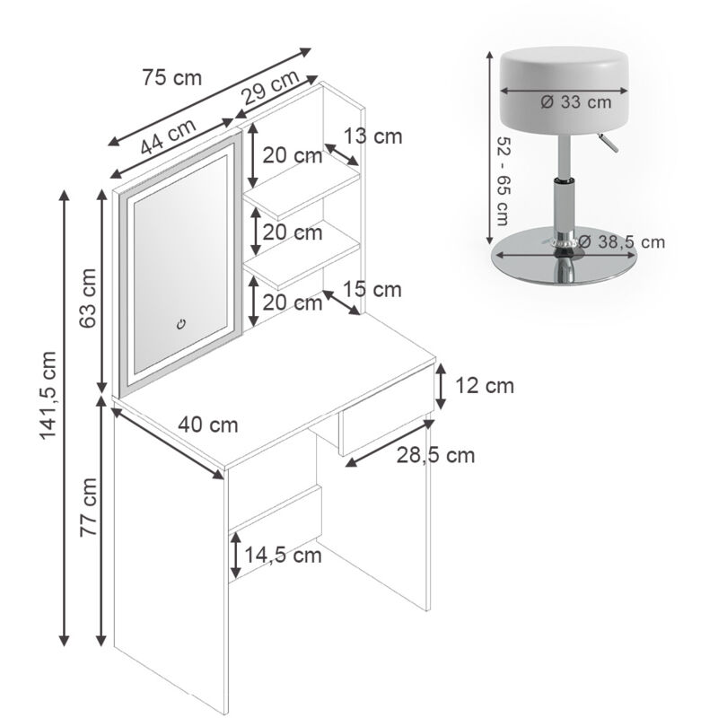 Toeletta da trucco Dekos bianco con Sgabello e specchio a LED Vicco