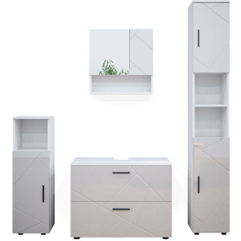Set mobili bagno Irma, Bianco lucido, 4 parti, con cassettiera e colonna, Vicco