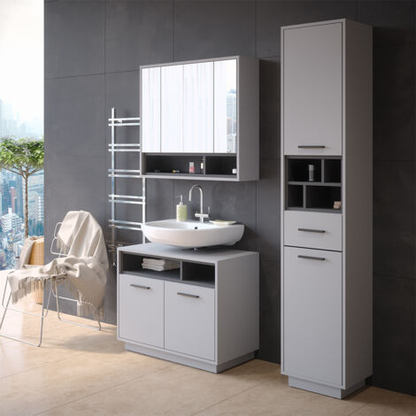 Armadio per il bagno Beatrice, Grigio/antracite, 38 x 190 cm con ante, cassetto e vani a giorno, Vicco