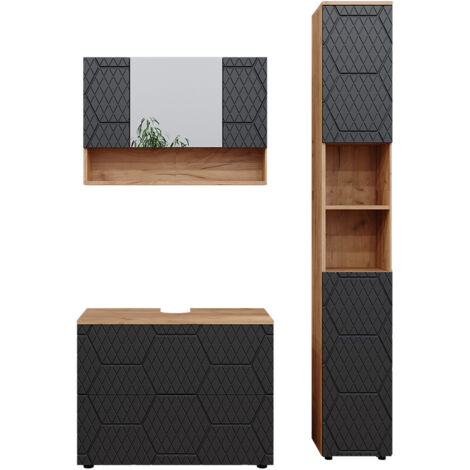 Set mobili bagno Irma, Antracite a righe, 3 pezzi, con mobile a specchio 80 cm, Vicco