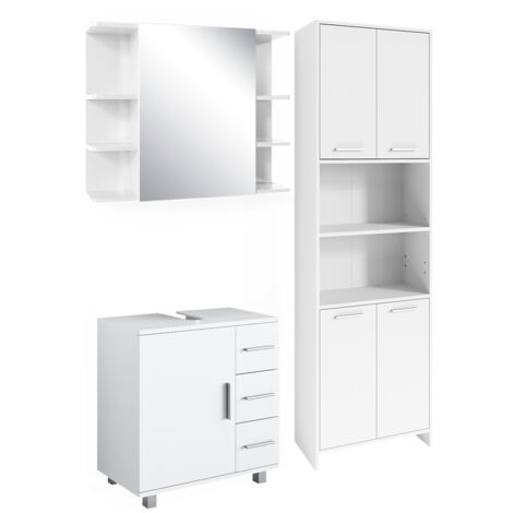 Set di mobili da bagno Maris, Bianco, 3 pezzi, con mobile alto, mobile a specchio per il bagno e mobiletto per lavabo, Vicco
