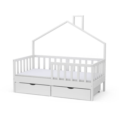 Letto montessori bambini Justus, Bianco, 70x140 cm con materasso e 2 cassetti, Vitalispa