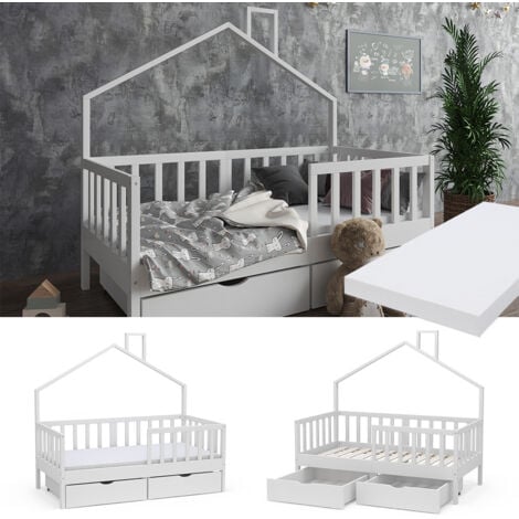 Letto montessori bambini Justus, Bianco, 70x140 cm con materasso e 2 cassetti, Vitalispa