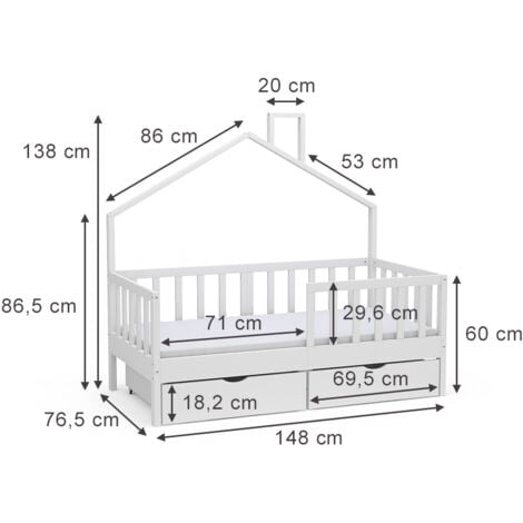 Letto montessori bambini Justus, Bianco, 70x140 cm con materasso e 2 cassetti, Vitalispa