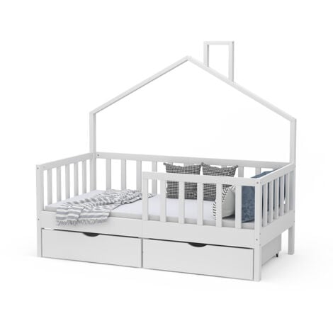 Letto montessori bambini Justus, Bianco, 70x140 cm con materasso e 2 cassetti, Vitalispa