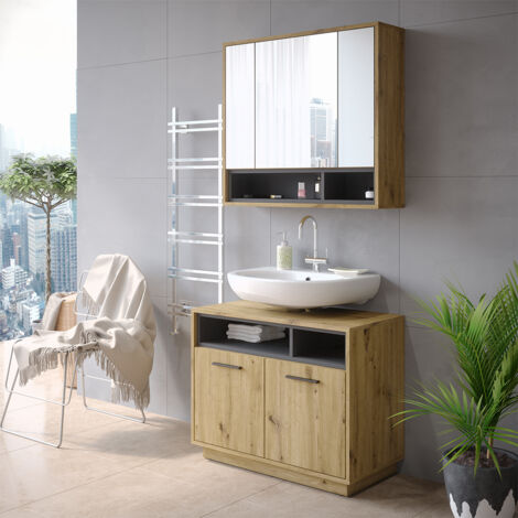 Mobile sottolavabo per bagno Beatrice, Rovere artigianale/antracite, 80 x 64 cm, Vicco