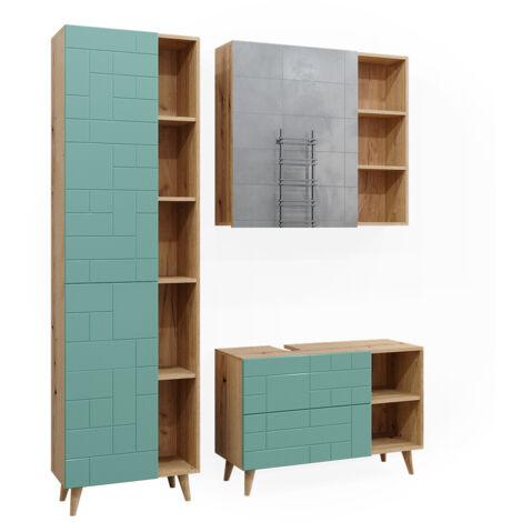 Set di mobili da bagno Rudi, Verde menta, 3 parti, con colonna, Vicco