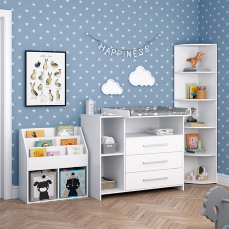 Set di mobili per bambini Oskar, Bianco, 3 parti, con fasciatoio, scaffale per giocattoli e libreria, Vicco